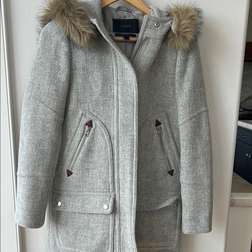 J. Crew Gray Pea Coat with Faux Fur Hood